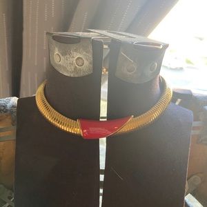 VINTAGE MONET GOLDTONE  RED ENAMEL  17" SERPANTINE CHOKER NECKLACE